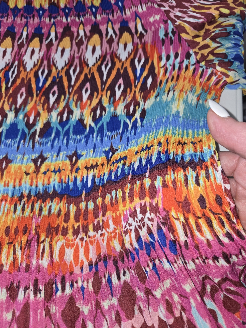 NWT Ninety Clothing Multi Color Geometric Ikat Print Pleated Boho Blouse 2X - Picture 10 of 16